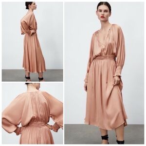 Zara long satin effect dress in beige pink